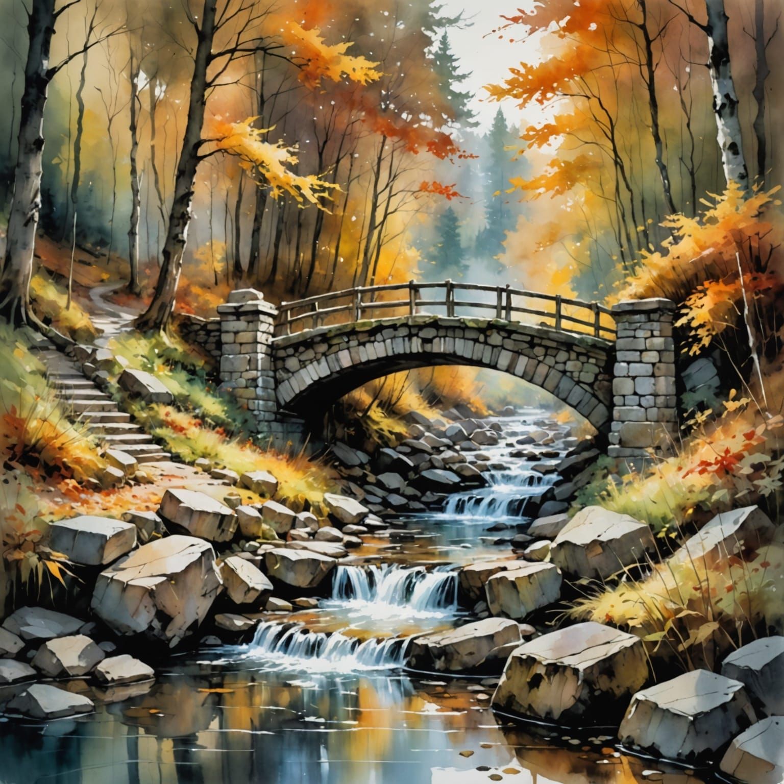 Autumn Stone Bridge Over Brook in Forest Watercolour
