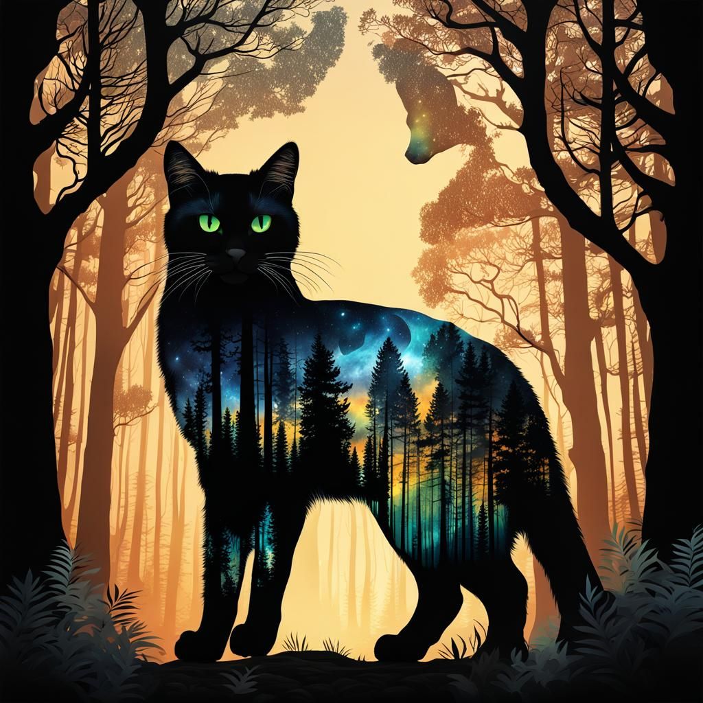 Mystical Double Exposure Cat Silhouette in Forest