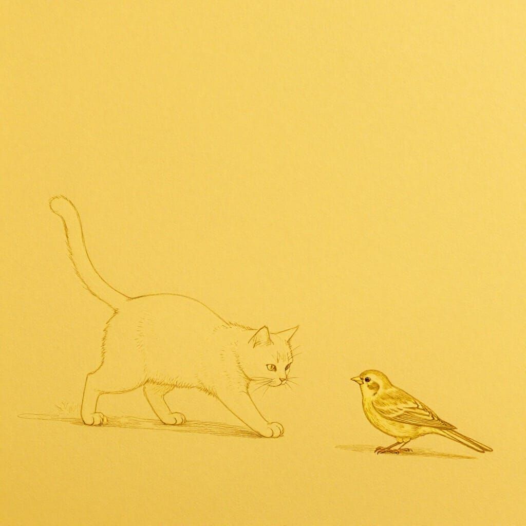 Minimalist Line Sketch: Cat Stalking Canary in Gold