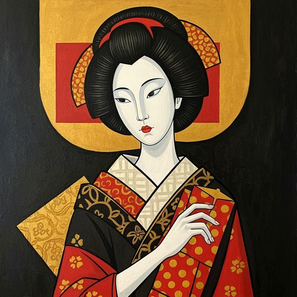 Cubist Geisha Portrait in Geometric Style