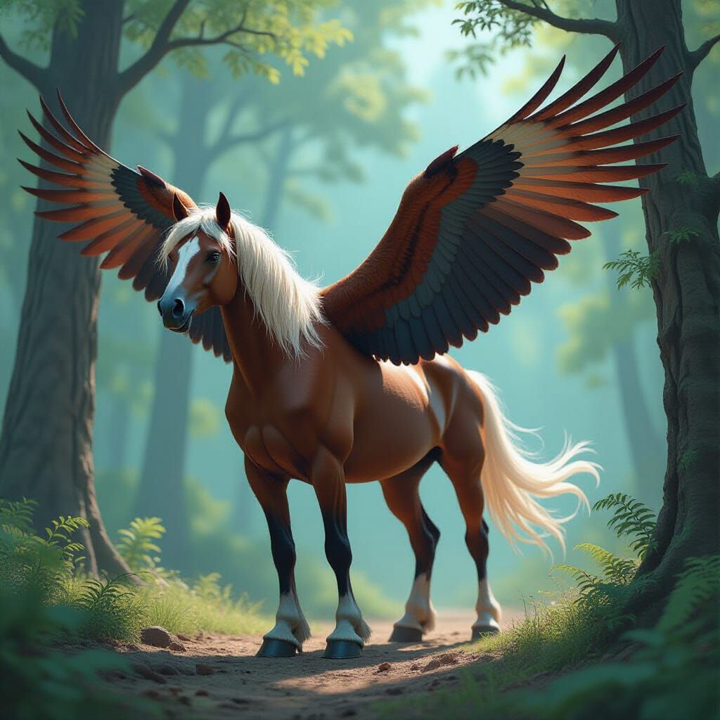 Majestic Horse-Eagle Hybrid in Mythical Forest