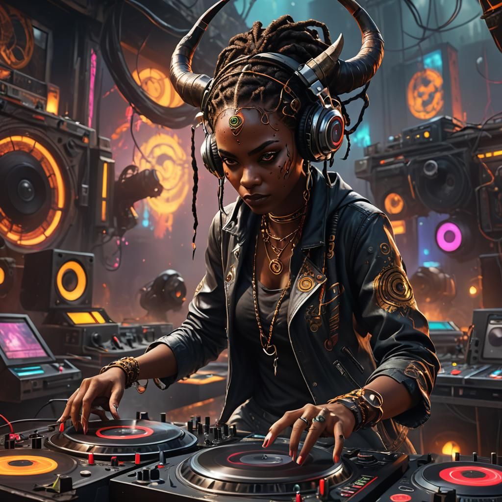 Demon Girl DJ Mixes Turntables: Fantasy Concept Art