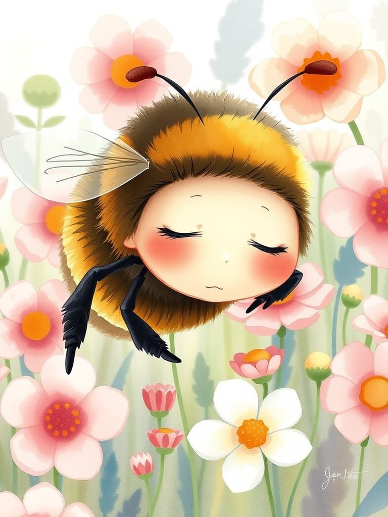 Sleepy Bumblebee in Watercolor Garden, Anime Style