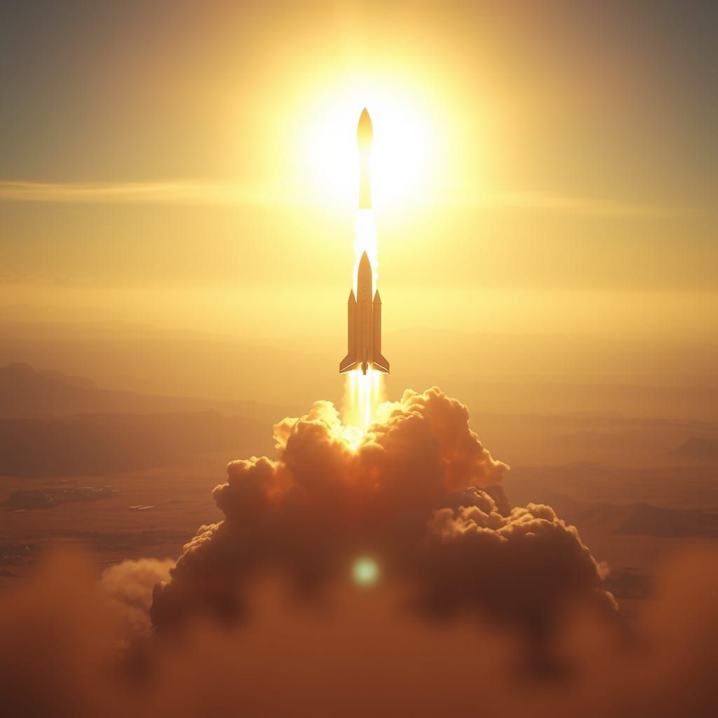 Rocket Launch in Steppe Landscape, Photorealistic Style