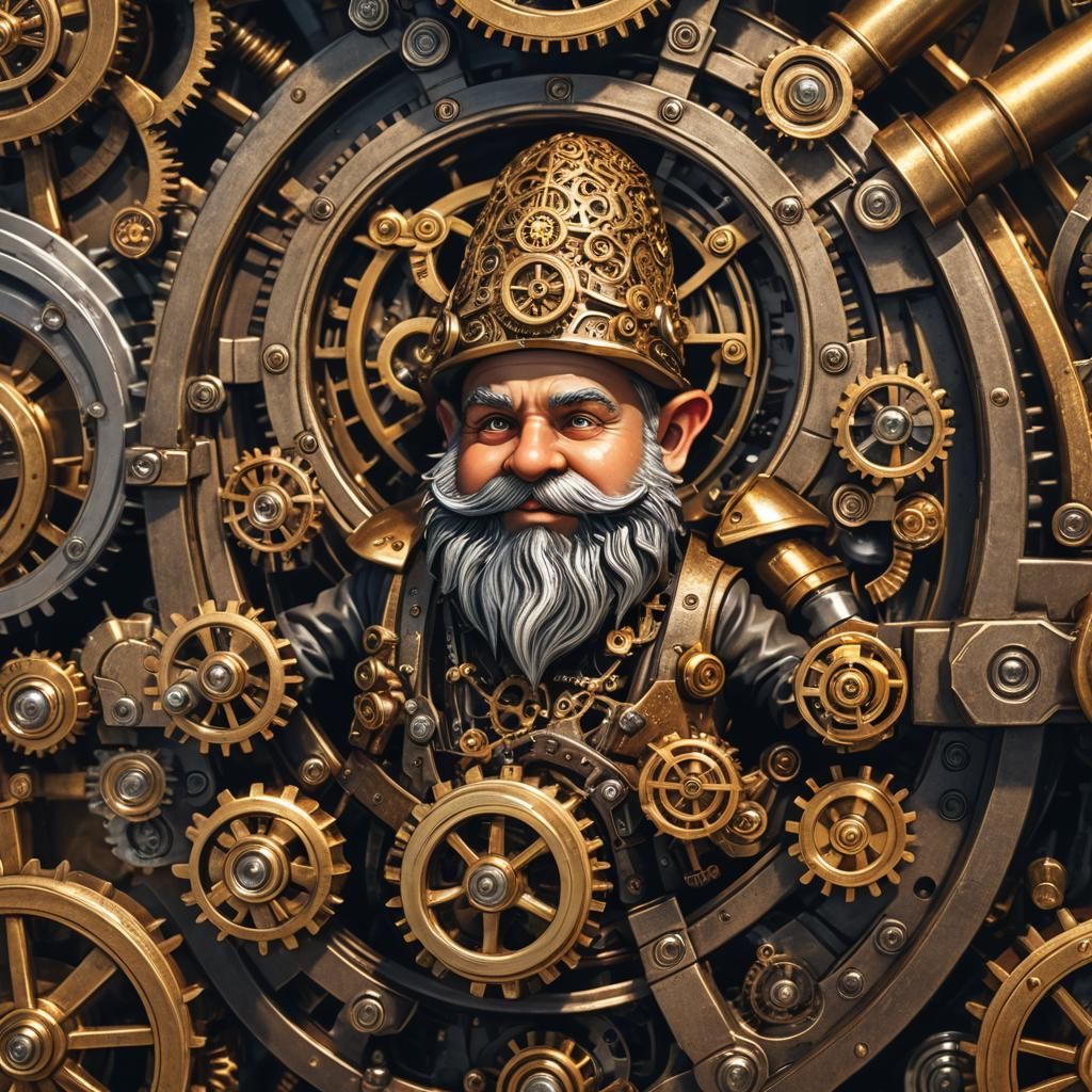 Steampunk Gnome Tinkering with Clockwork Engine
