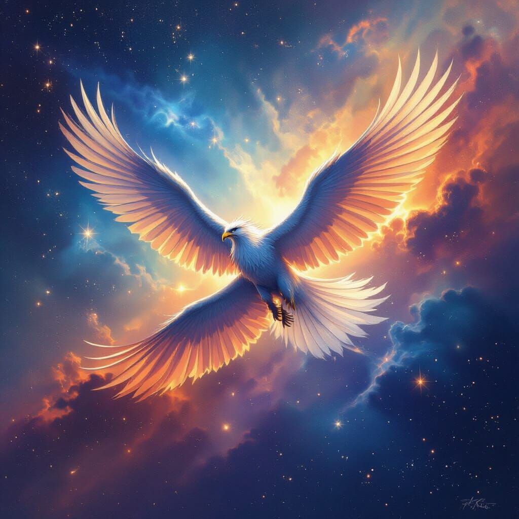 Griffin Soaring Through Nebula, Sci-Fi Illustration