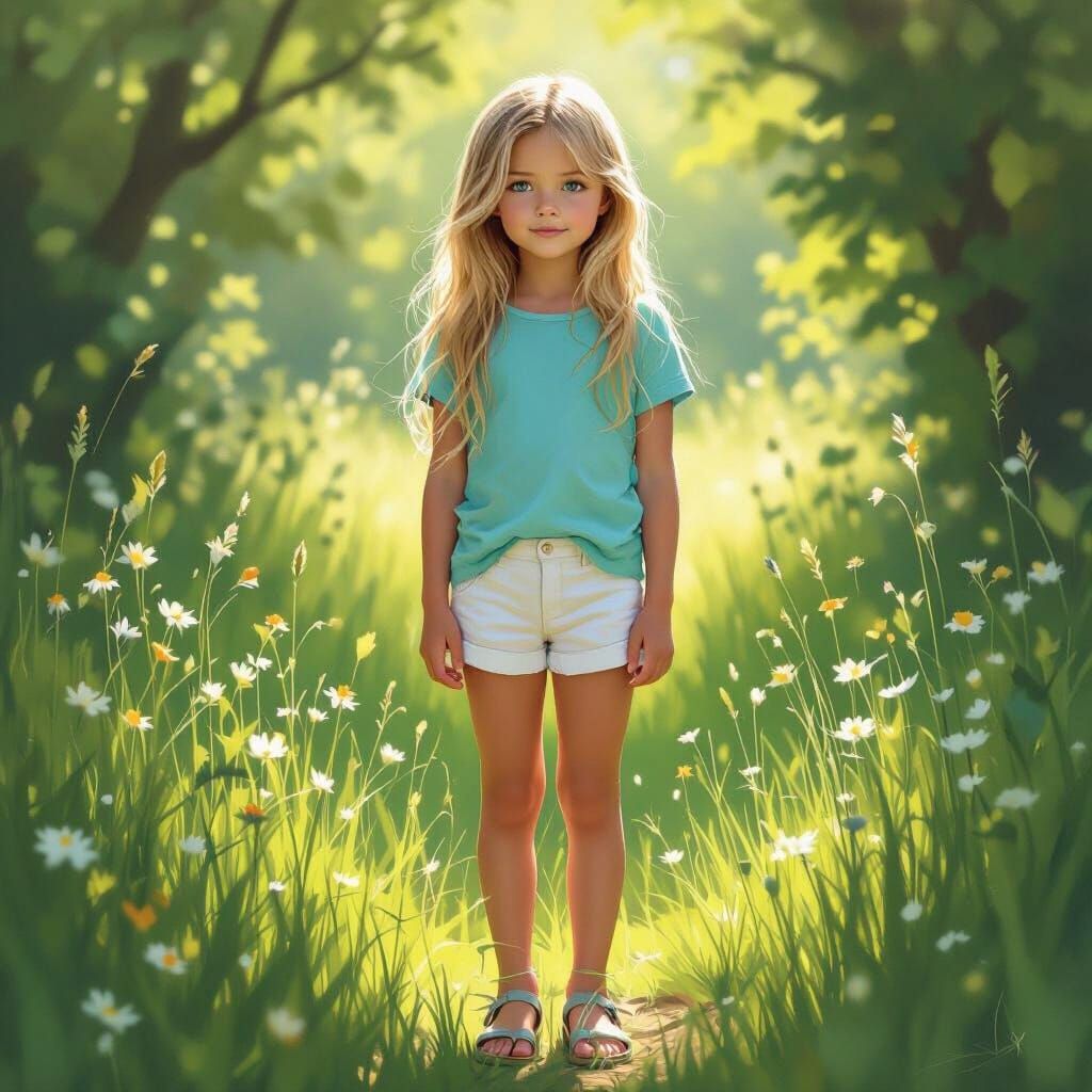 Young Girl in Sunlit Meadow Digital Painting