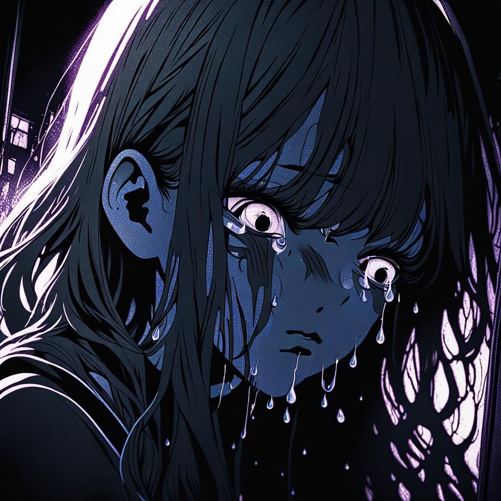 Crying Girl with Bleeding Mascara in Manga Style