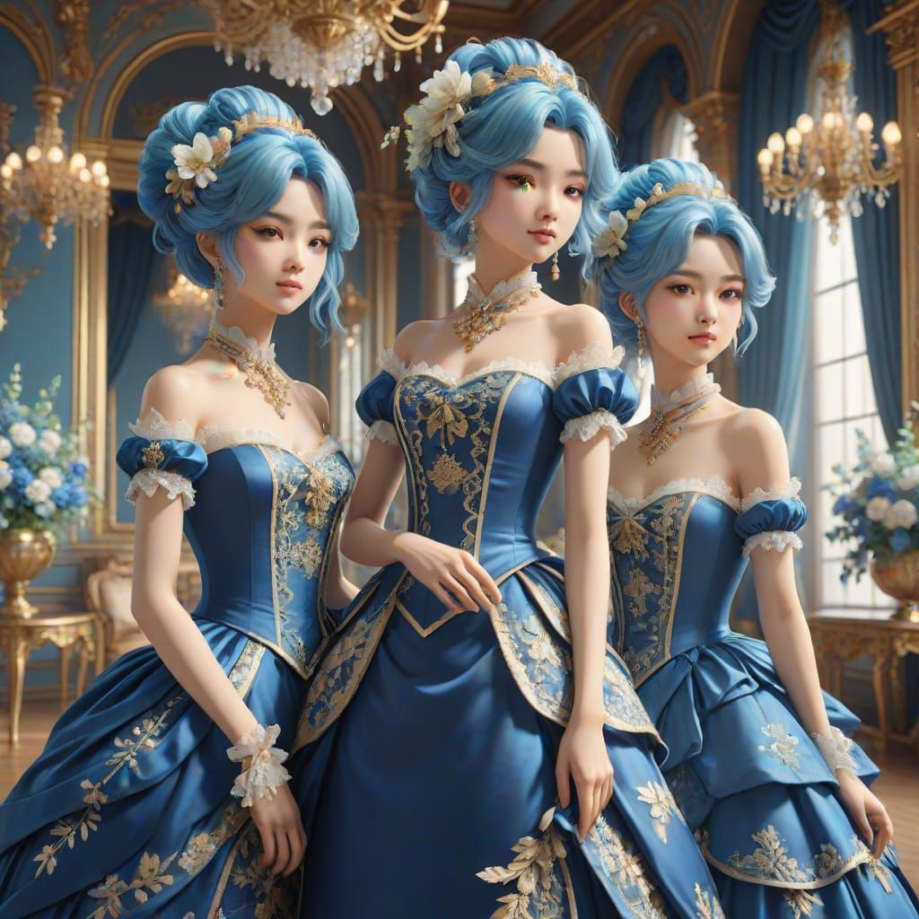 Elegant French Women in Blue Rococo Splendor