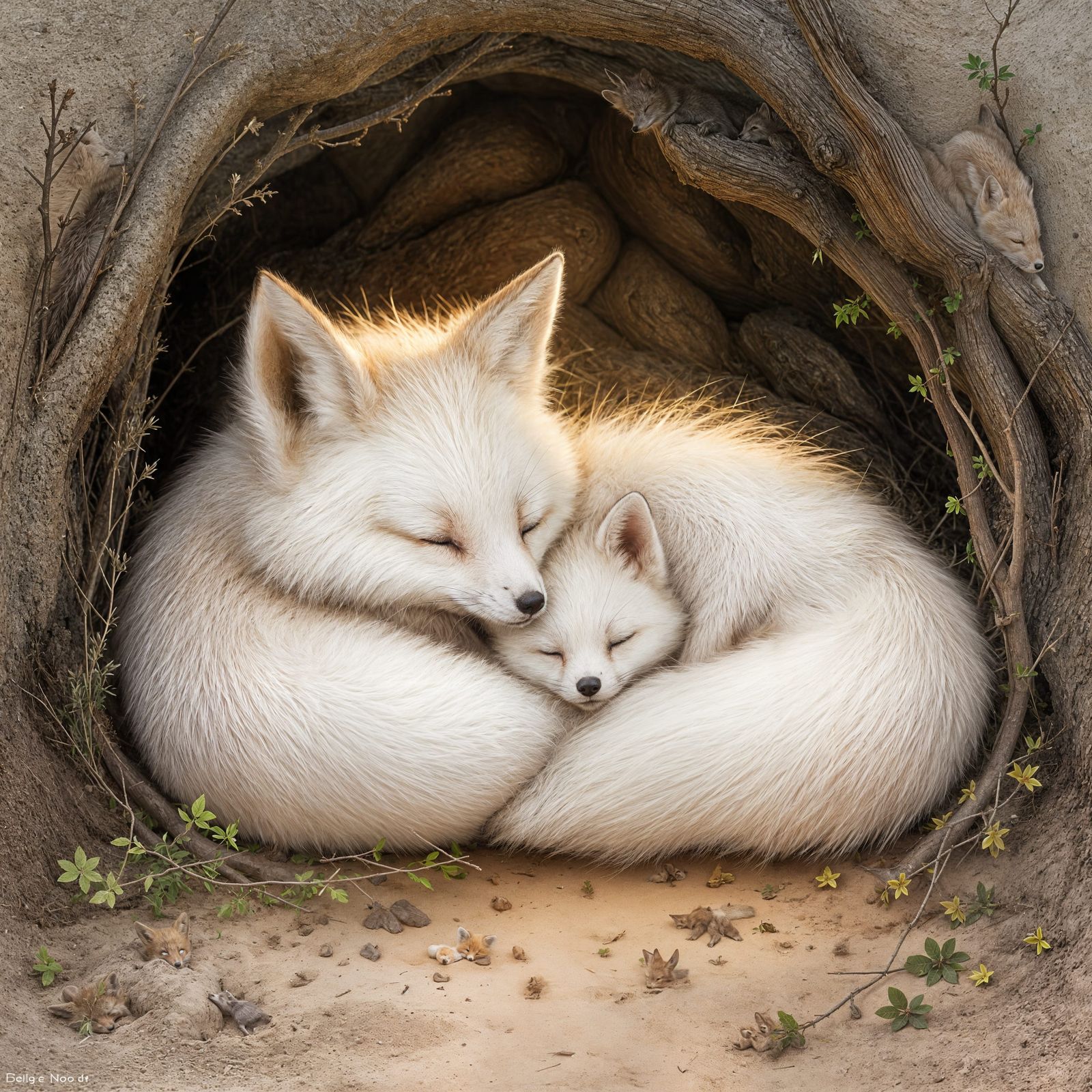 Cozy White Fox and Baby Burrow Scene
