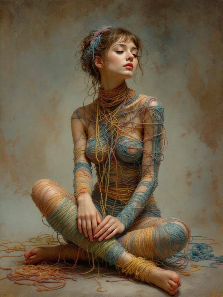 Woman Weaves Existence from Colorful Yarn in a Dreamlike Sce...