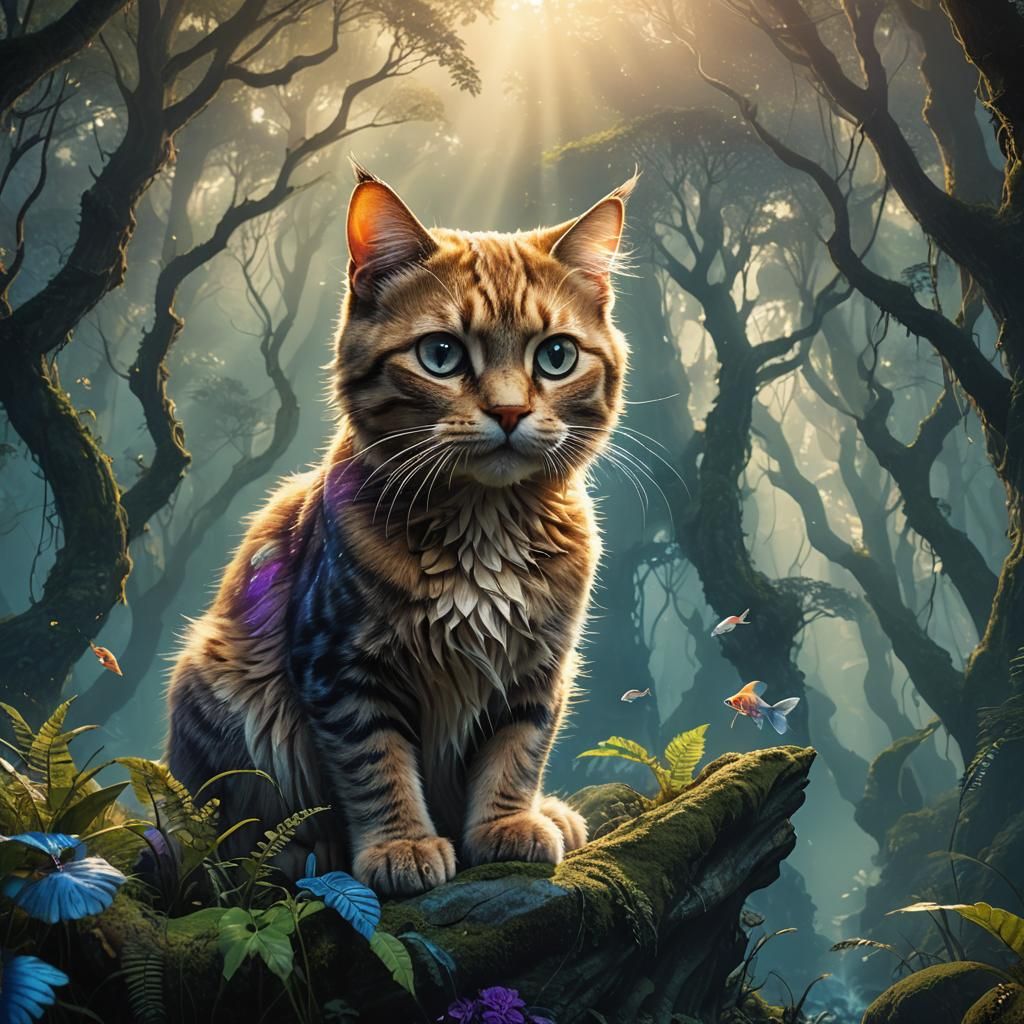 Mystical Cat in Ancient Forest: Matte Painting