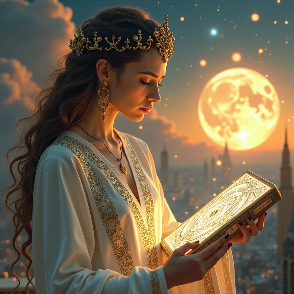 Mystic Woman Channels Infinite View in Art Deco City