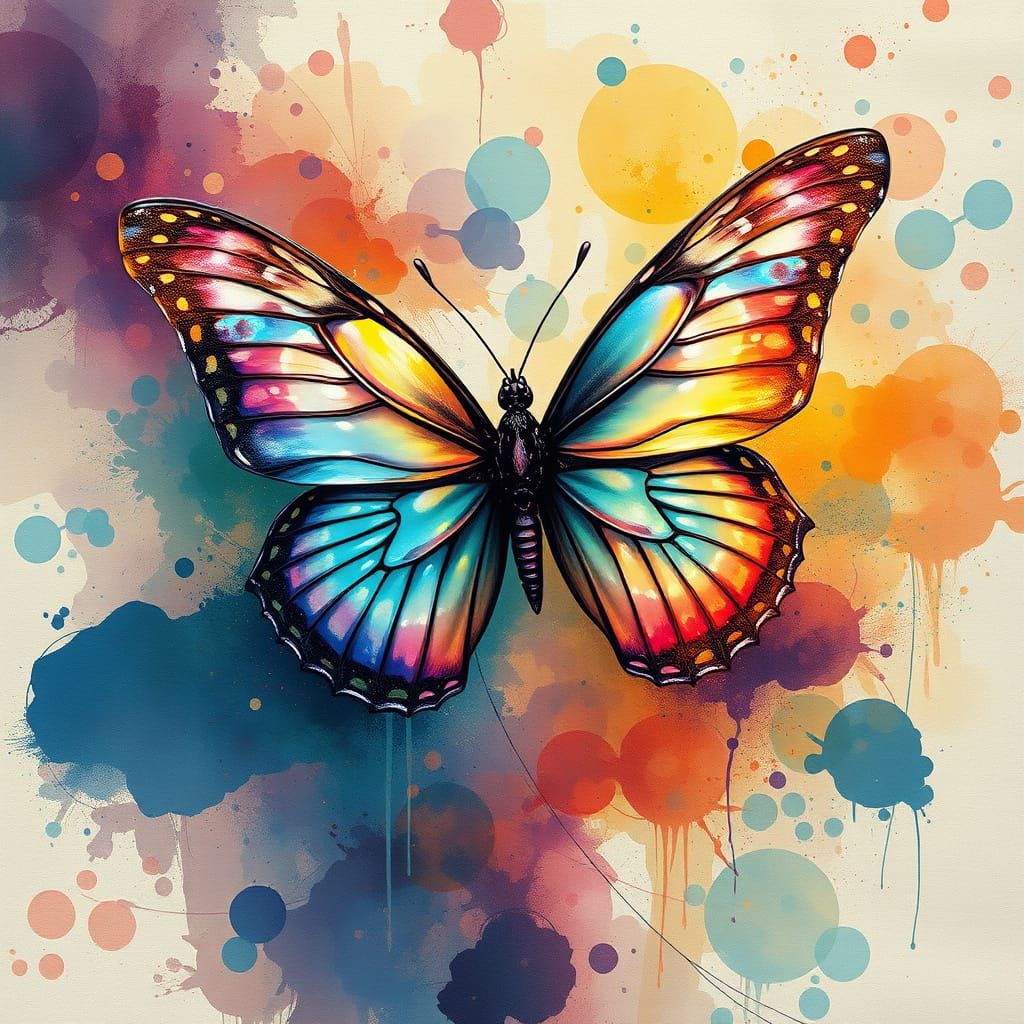 Iridescent Butterfly in Pointillist Fantasy Watercolor
