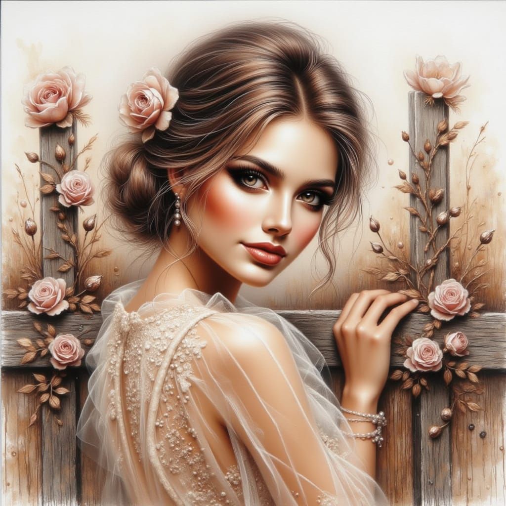 Woman Smiling in Watercolor Acrylics with Roses