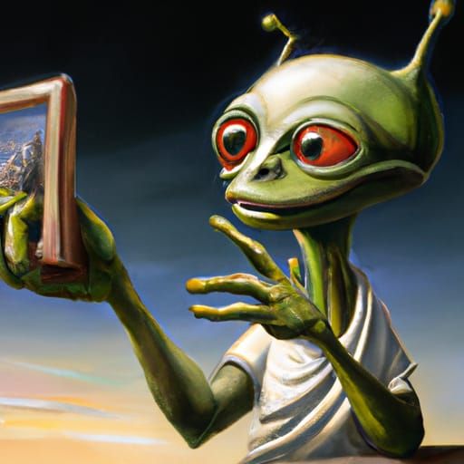 Humorous Alien Captures Selfie as Oil Painting