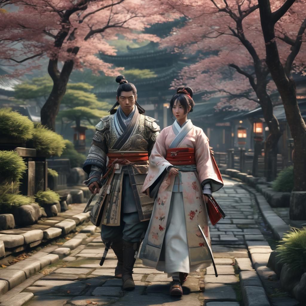 Princess and Warrior Stroll in 18th Century Japan