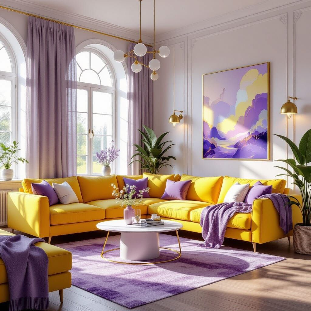 Serene Summer Living Room with Yellow and Lavender Decor