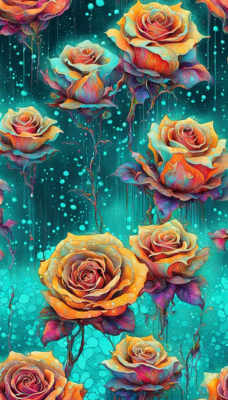 Surreal Cosmic Roses Bloom with Neon Turquoise Hues