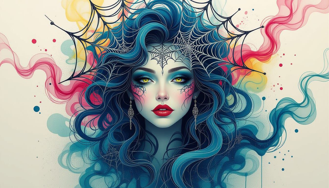 Spiderweb Medusa in Surreal Street Art Style