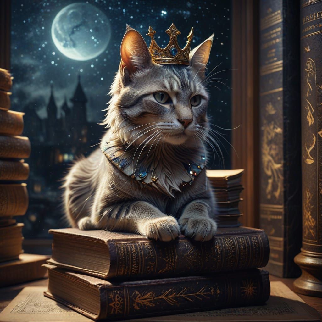 Whimsical Cat Scholar in Ancient Library