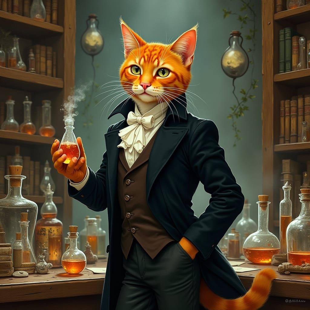 Steampunk Tabaxi Doctor in Whimsical Laboratory