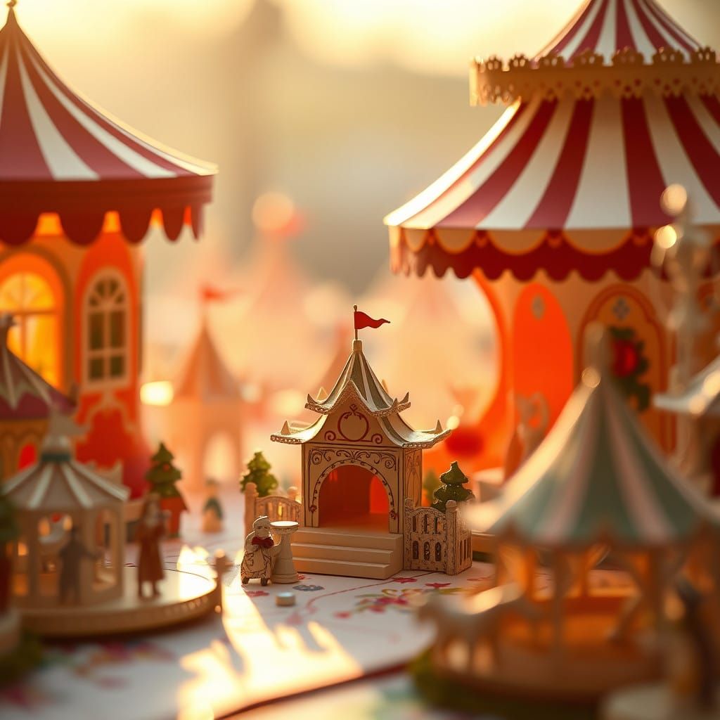 Whimsical Origami Carnival Scene in Dreamy Morning Light
