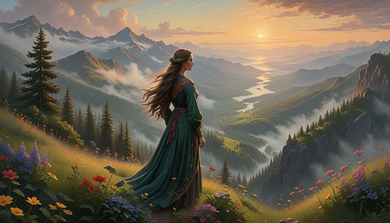 Serene Woman on Misty Mountain Peak in Whimsical Art Style