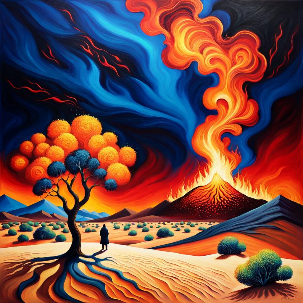 Burning Bush in Dark Desert Landscape