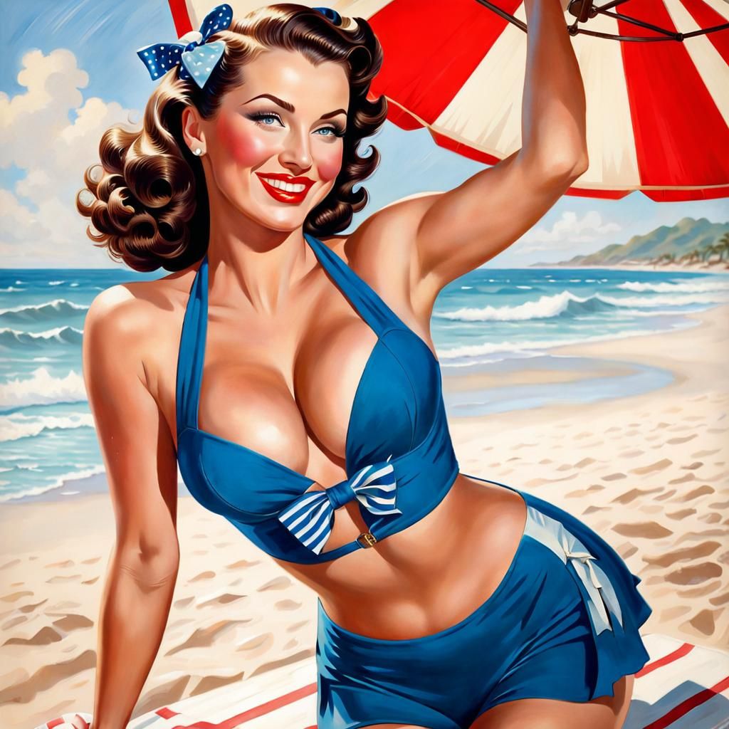1940s Pin-Up Girl at the Beach Painting
