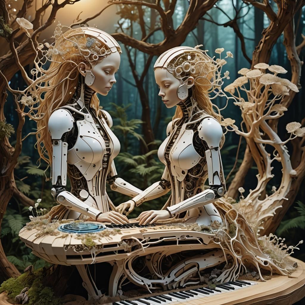 Ethereal Figures on a Robotic Keyboard in Glass Forest