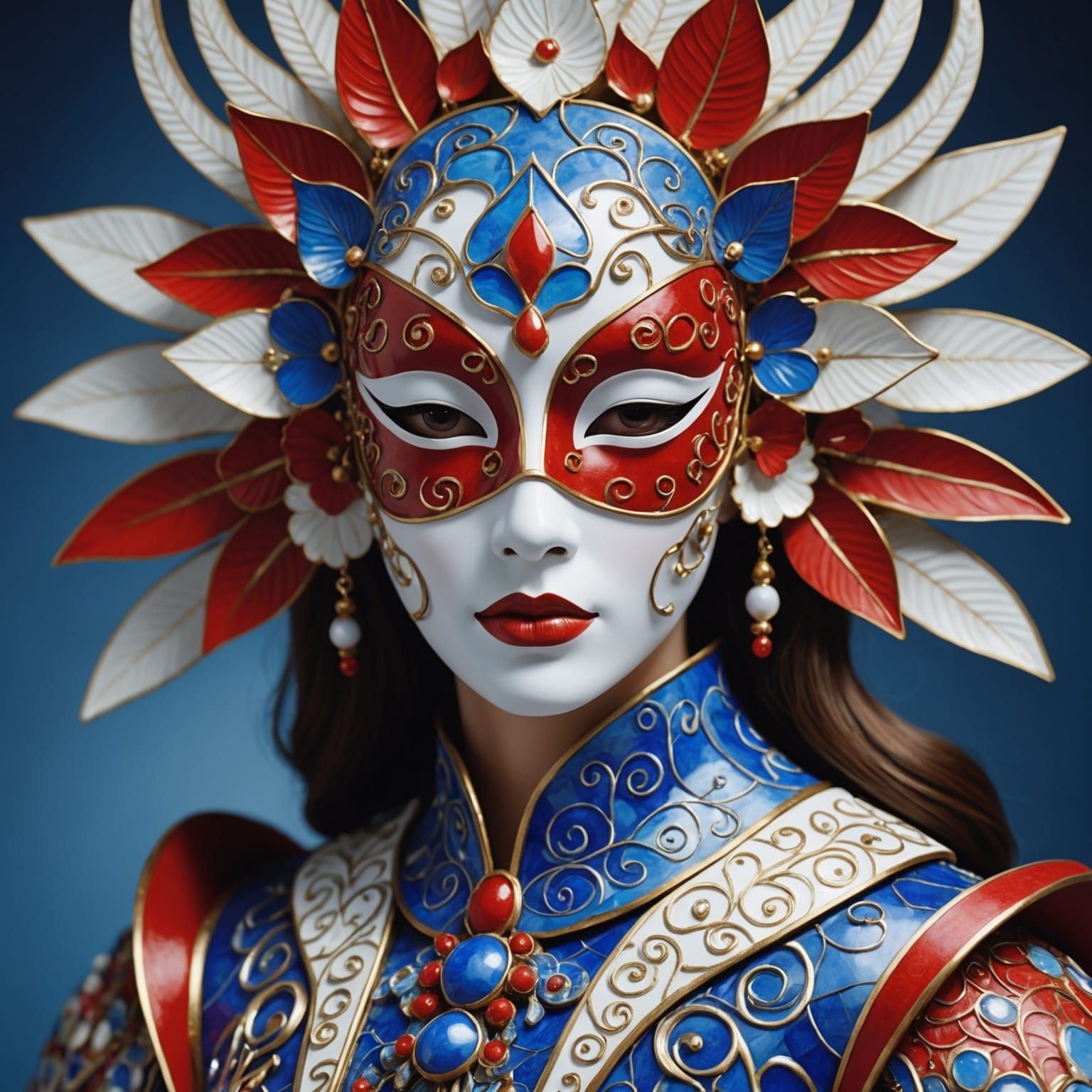 Woman in Elaborate Mask with Impressionistic Scenes