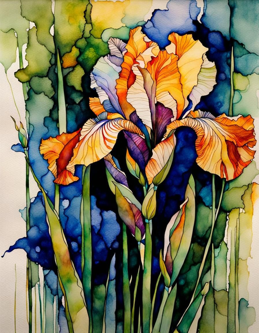 Ethereal Iris in Expressionist Watercolor and Encaustic Styl...