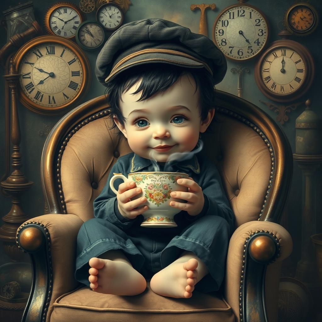 Baby Edward Scissorhands with Tea in Surreal Style