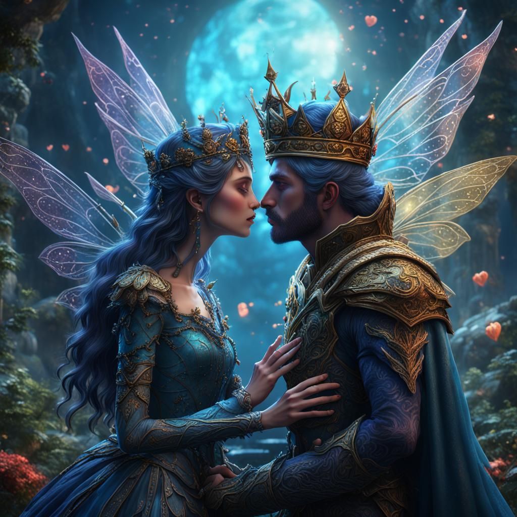 Fairy Queen and King Kissing in Fantasy Art