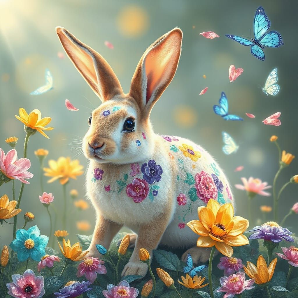 Enchanted Rabbit With Floral Fur in Magical Meadow