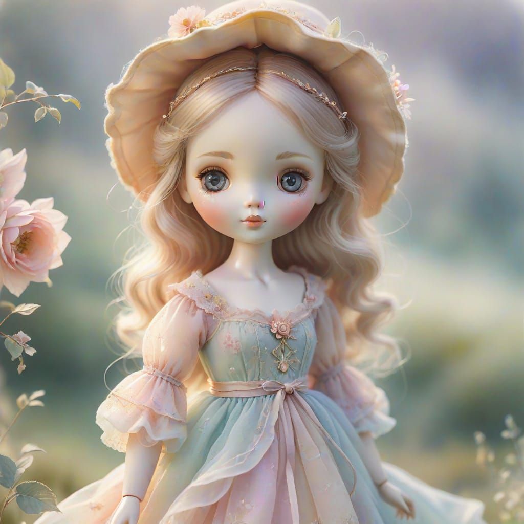 Doll in Serene Landscape, Watercolor Style