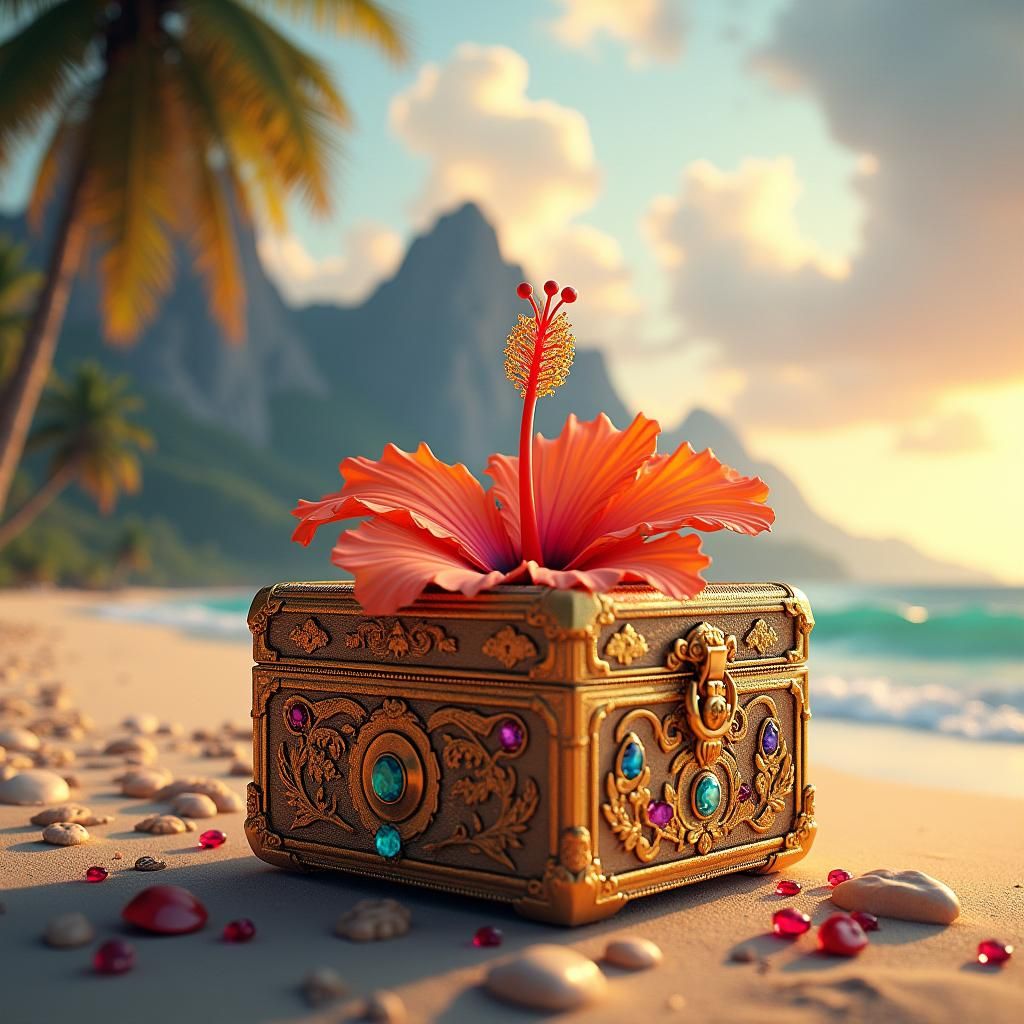 Hibiscus in Jeweled Box on Tropical Beach