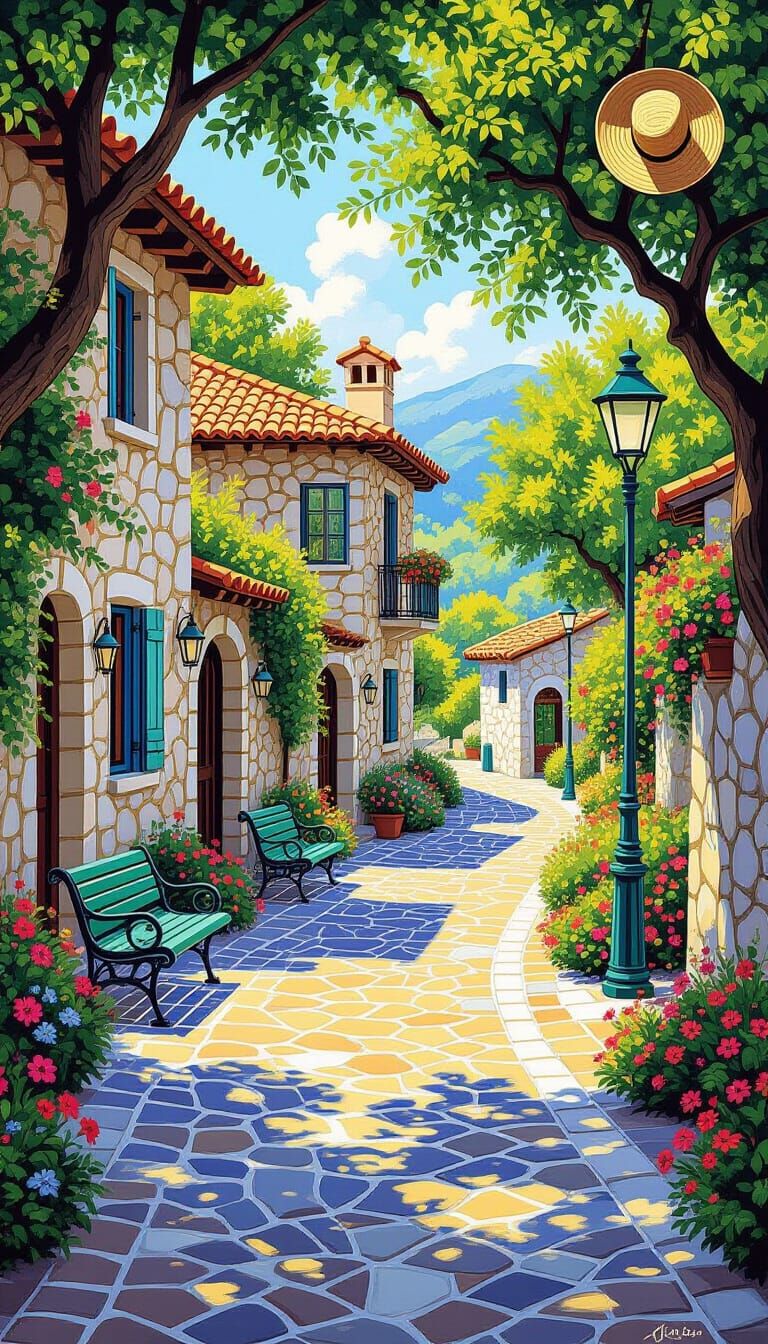Charming Mosaic Street Scene in Impressionist Style