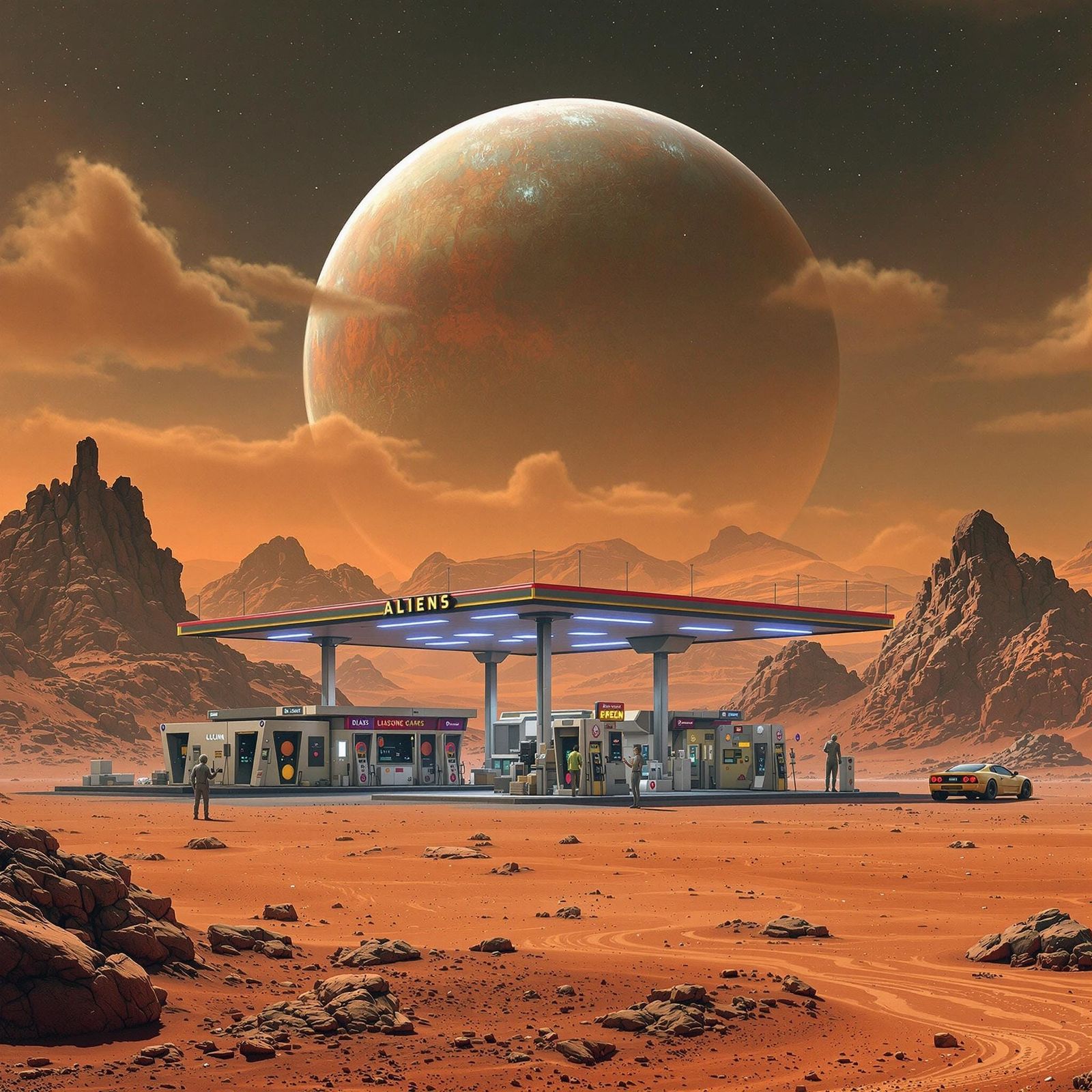 Alien Gas Station on Mars: Science Fiction Scene
