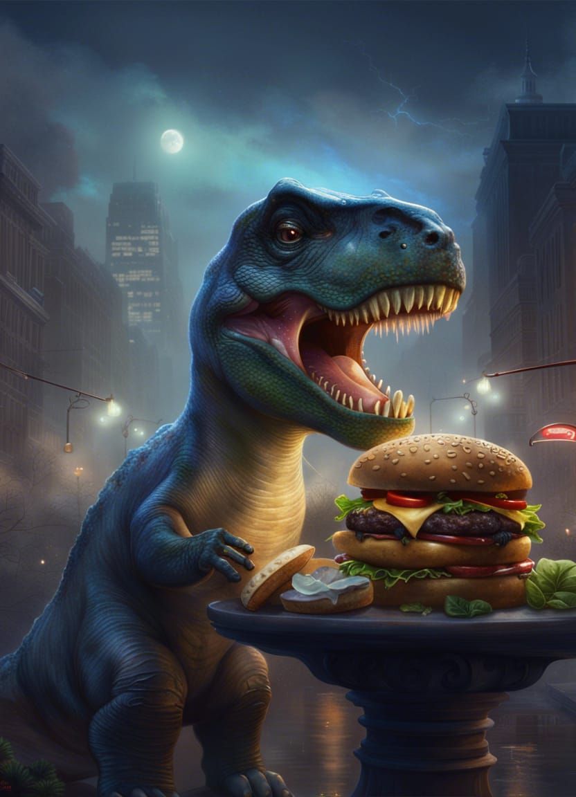 Baby T-Rex Enjoys Burger in City Night