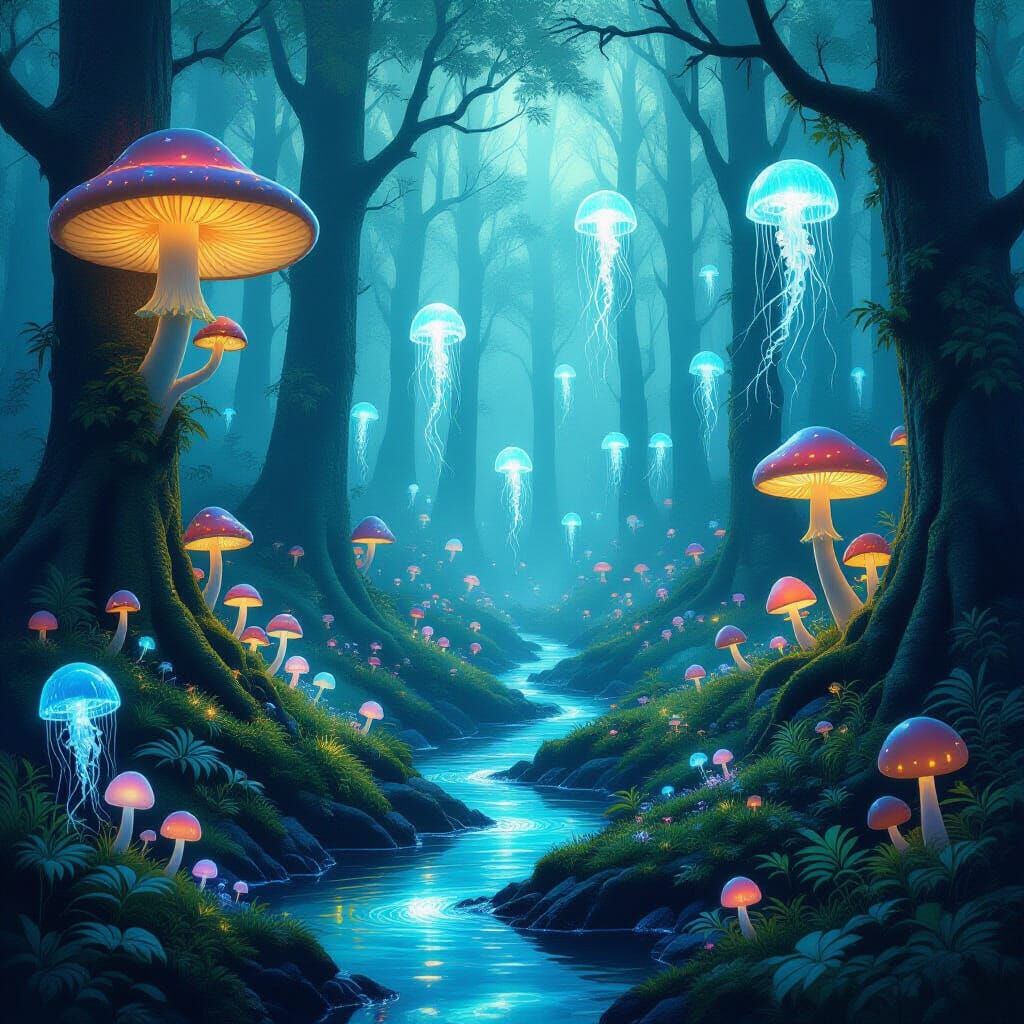 Bioluminescent Forest with Surreal Creatures