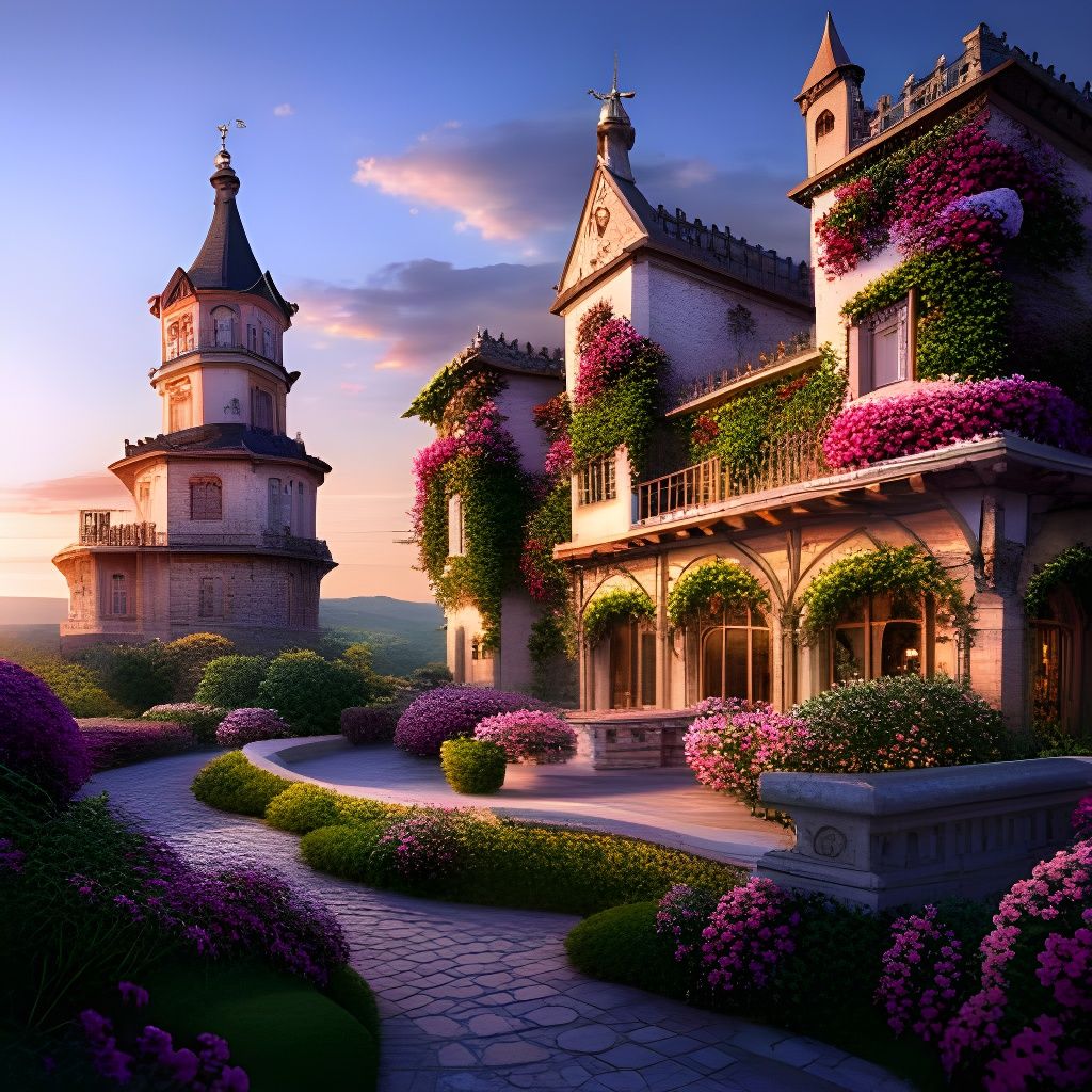 Intricate Castle House at Magic Hour