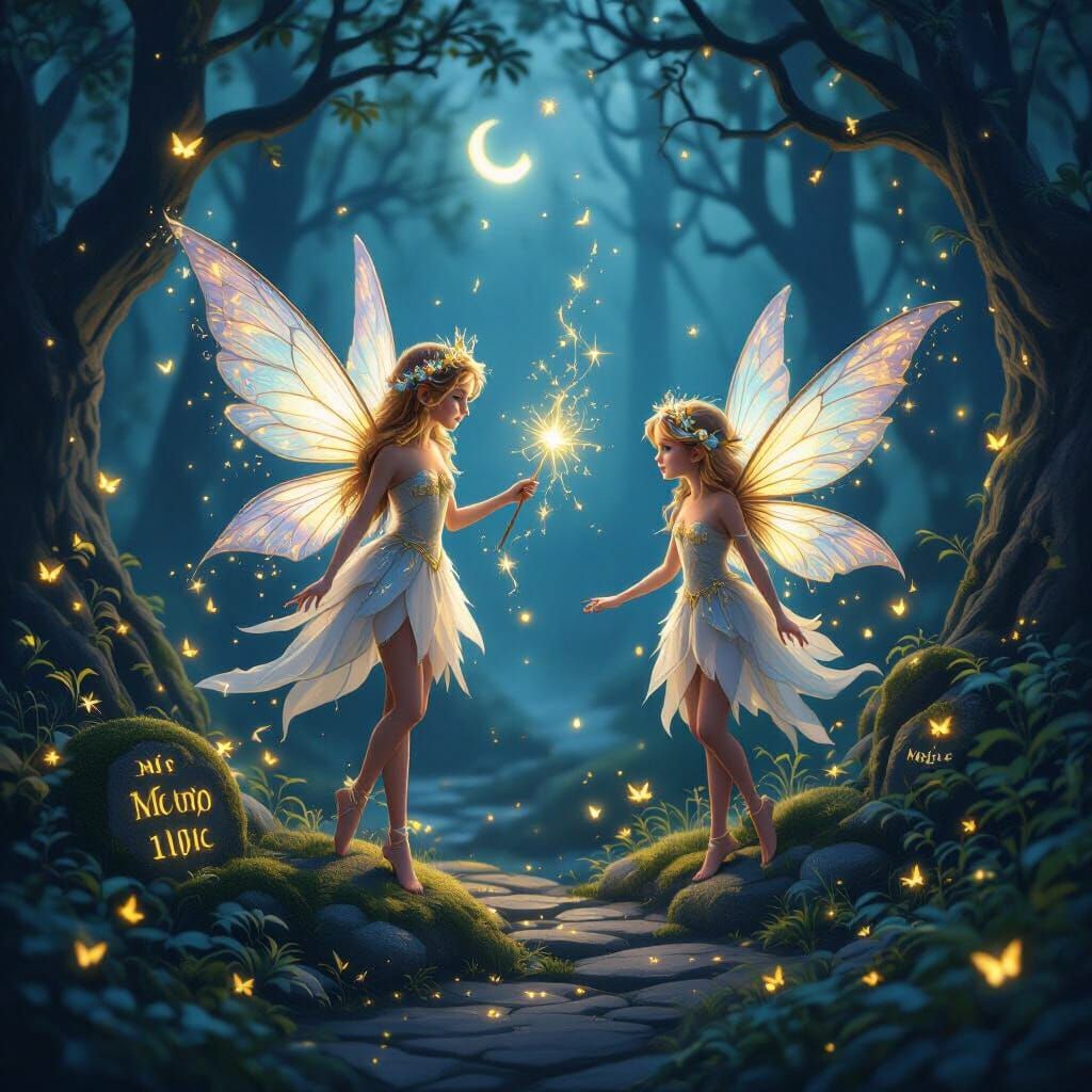 Ethereal Fairies in Enchanted Forest with Magic Wand