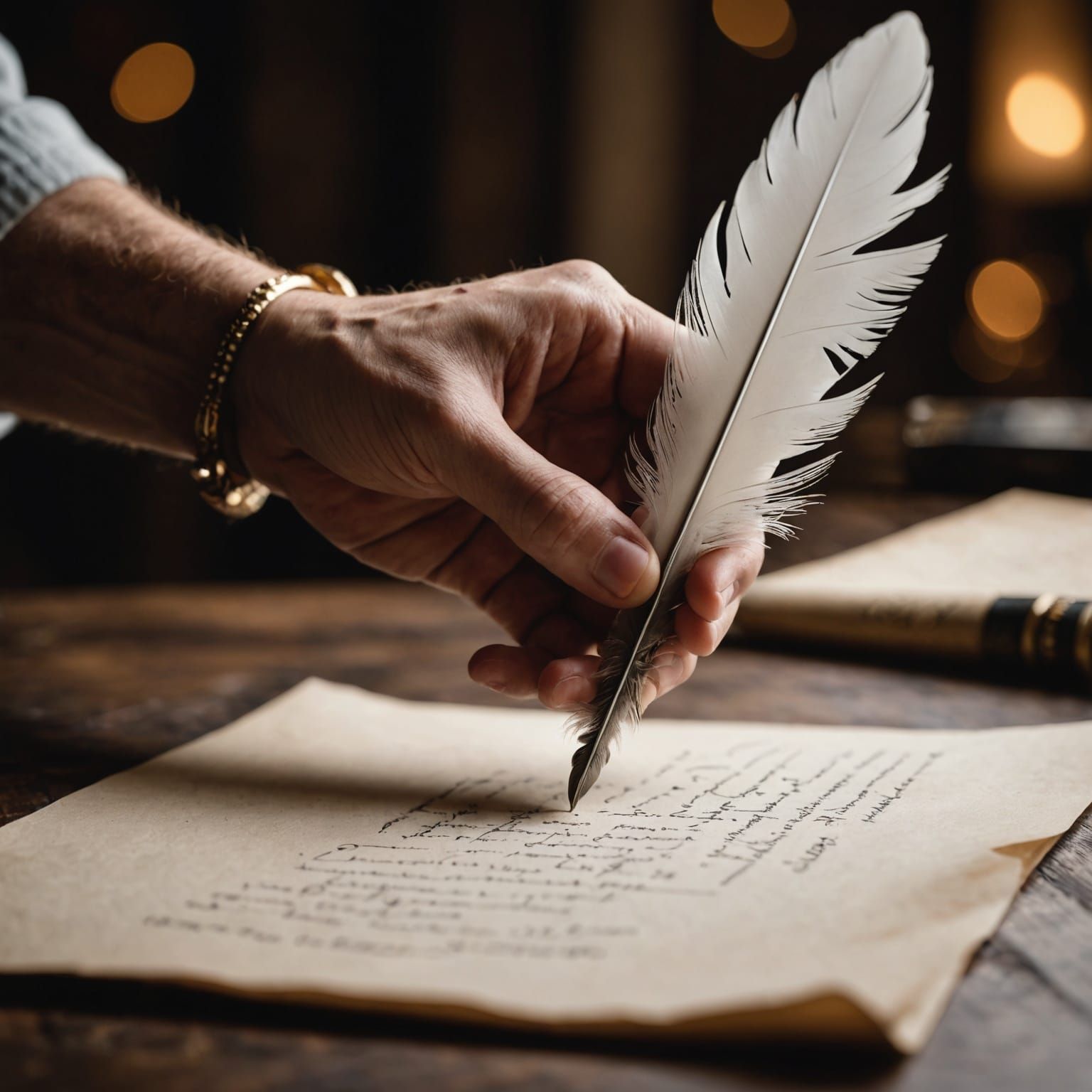Calligraphy Hand with Feather Quill on Parchment