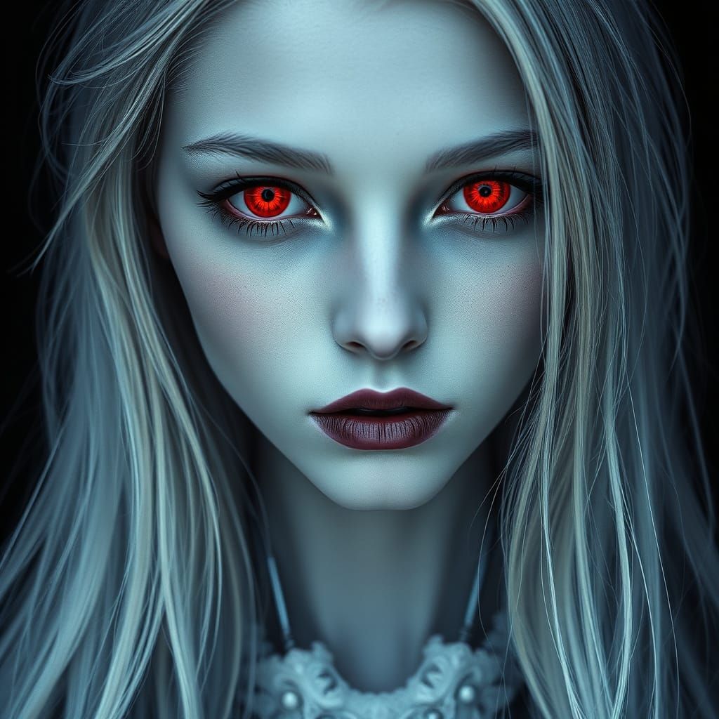 Mystical Gray Woman with Crimson Eyes and Silver Hair