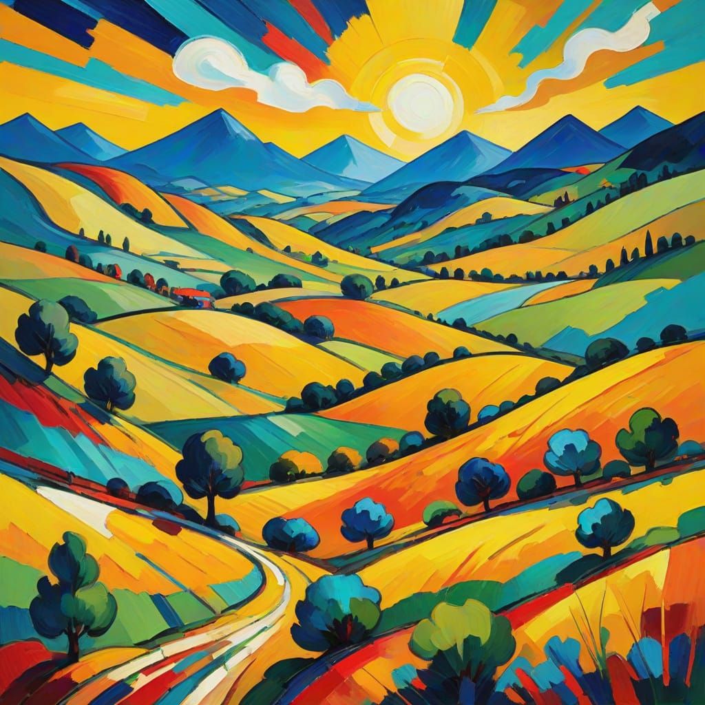 Vibrant, dreamlike expressionist landscape, inspired by Kand...
