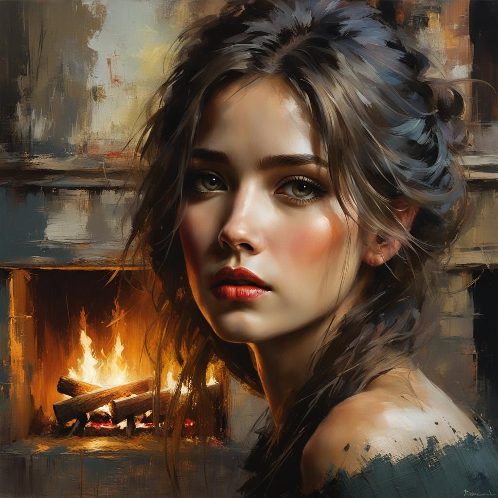 Beautiful Woman Portrait with Rustic Fireplace