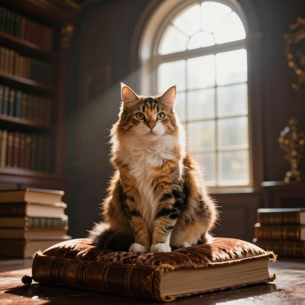 Majestic Calico Cat on Velvet Cushion in Opulent Library
