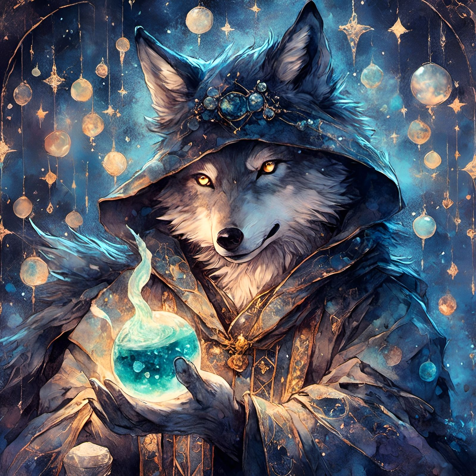 Anime Wolf Alchemist with Potion in Astral Starscape